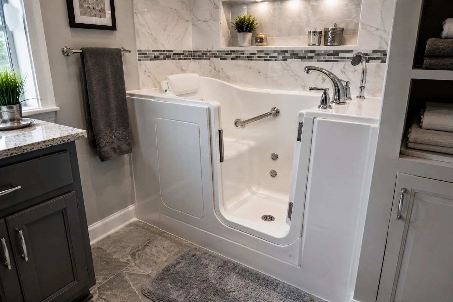 Installed walk-in tub with a low step-in door, grab bar, and handheld shower.