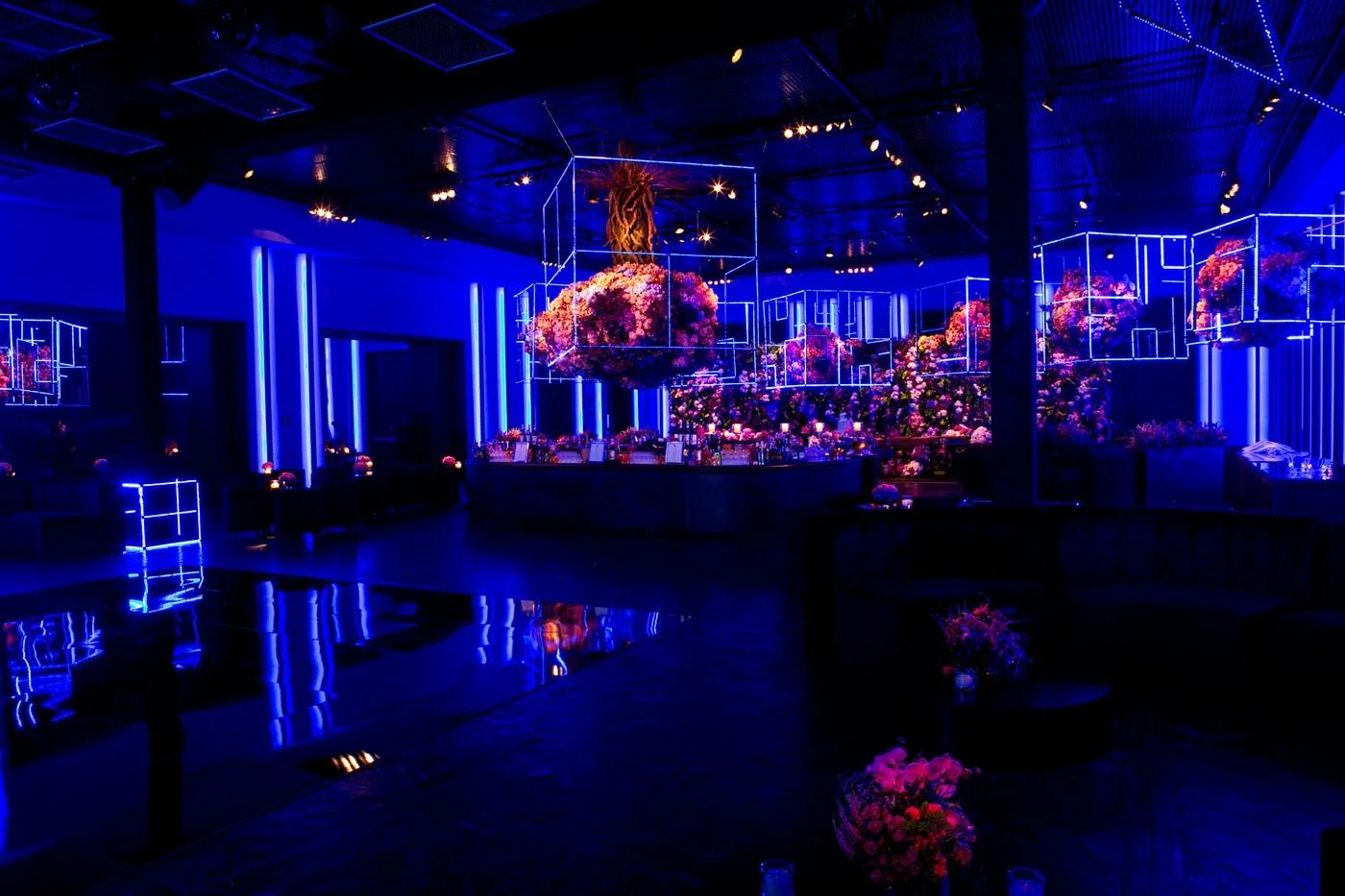 Lounge iluminado em azul com flores