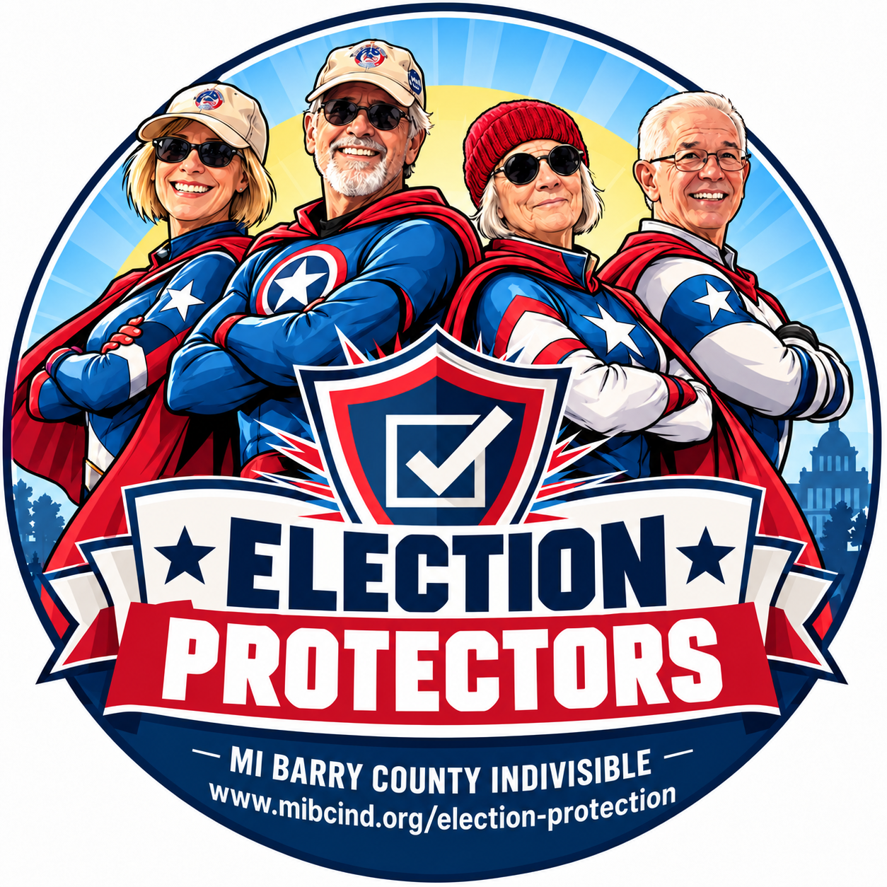 Election Protectors comic-book superhero logo for MI Barry County Indivisible, with golden sunshine