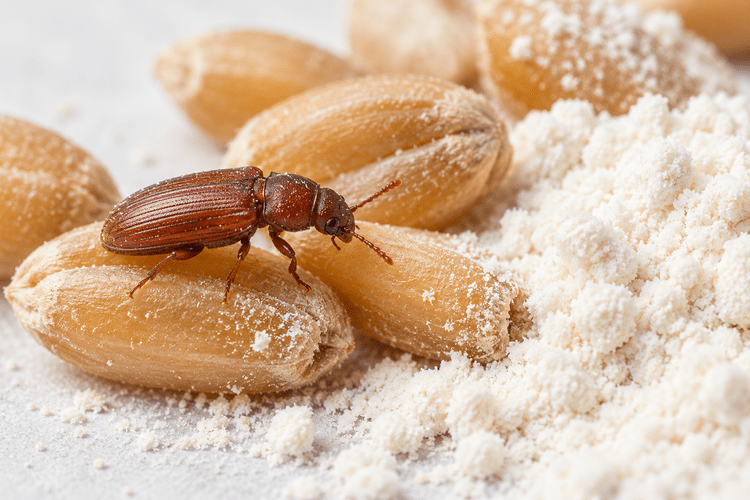 Flour beetle beside wheat grains and flour