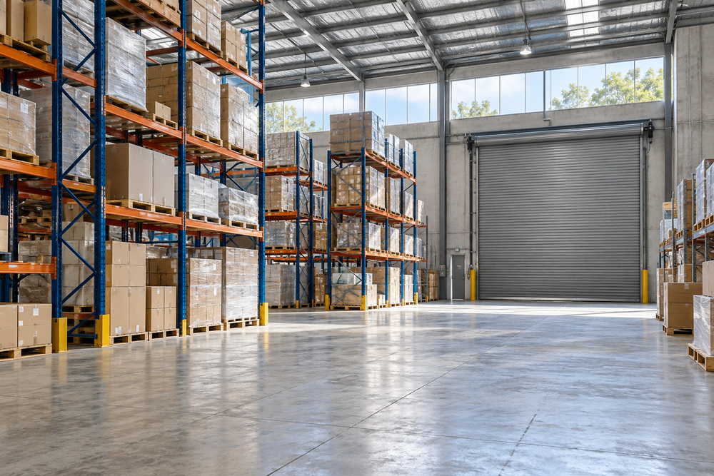 Illustrative warehouse with pallet racking and a closed loading door