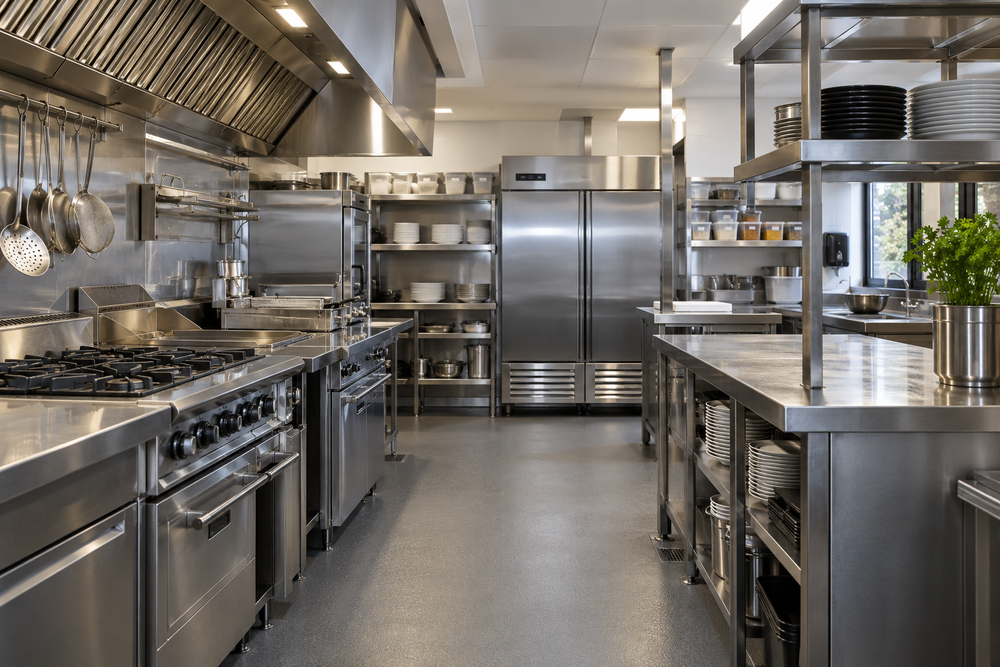 Illustrative commercial kitchen with stainless steel benches and equipment