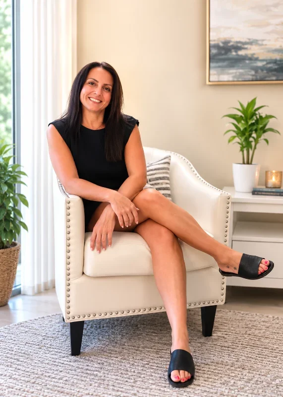 Genna Marie seated in a cream armchair by a bright window, smiling