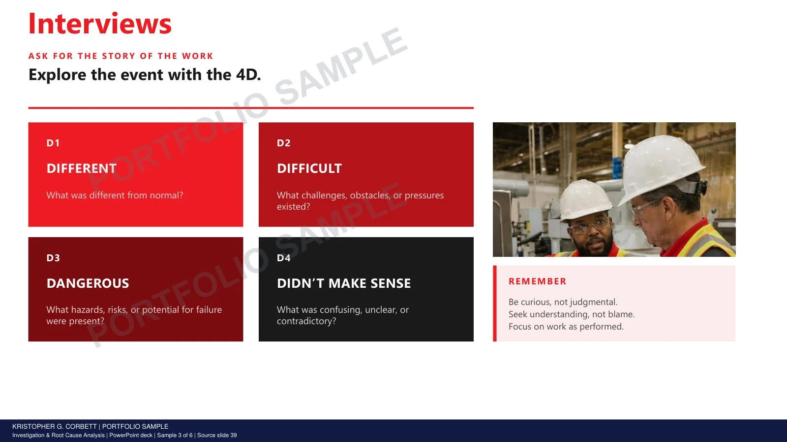 Investigation & Root Cause Analysis PowerPoint Deck watermarked sample 3: Four prompts help leaders explore the context of work during an interview.
