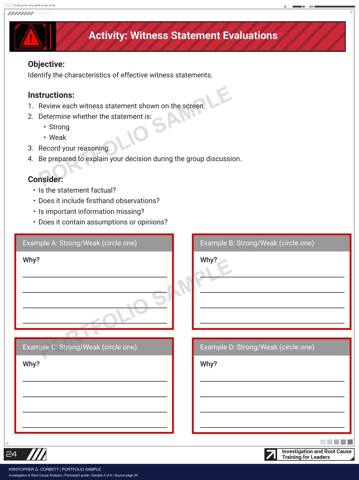 Investigation & Root Cause Analysis Participant Guide watermarked sample 2: Learners evaluate the quality of evidence and explain their reasoning.