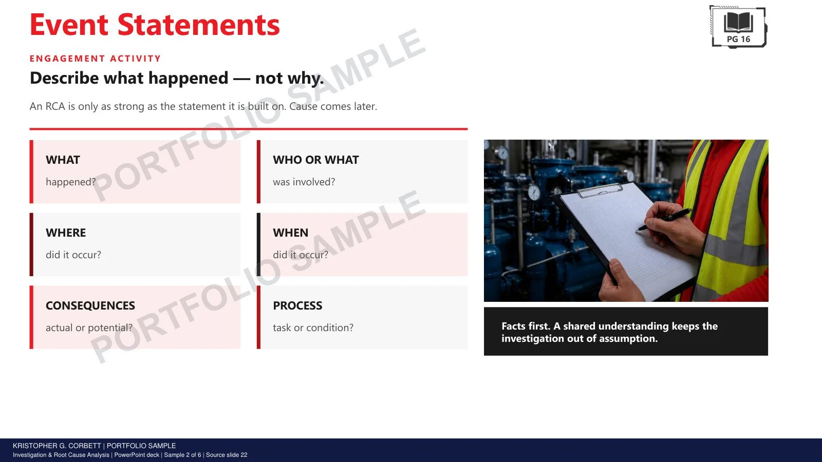 Investigation & Root Cause Analysis PowerPoint Deck watermarked sample 2: A visual scaffold guides learners in building a factual event statement.
