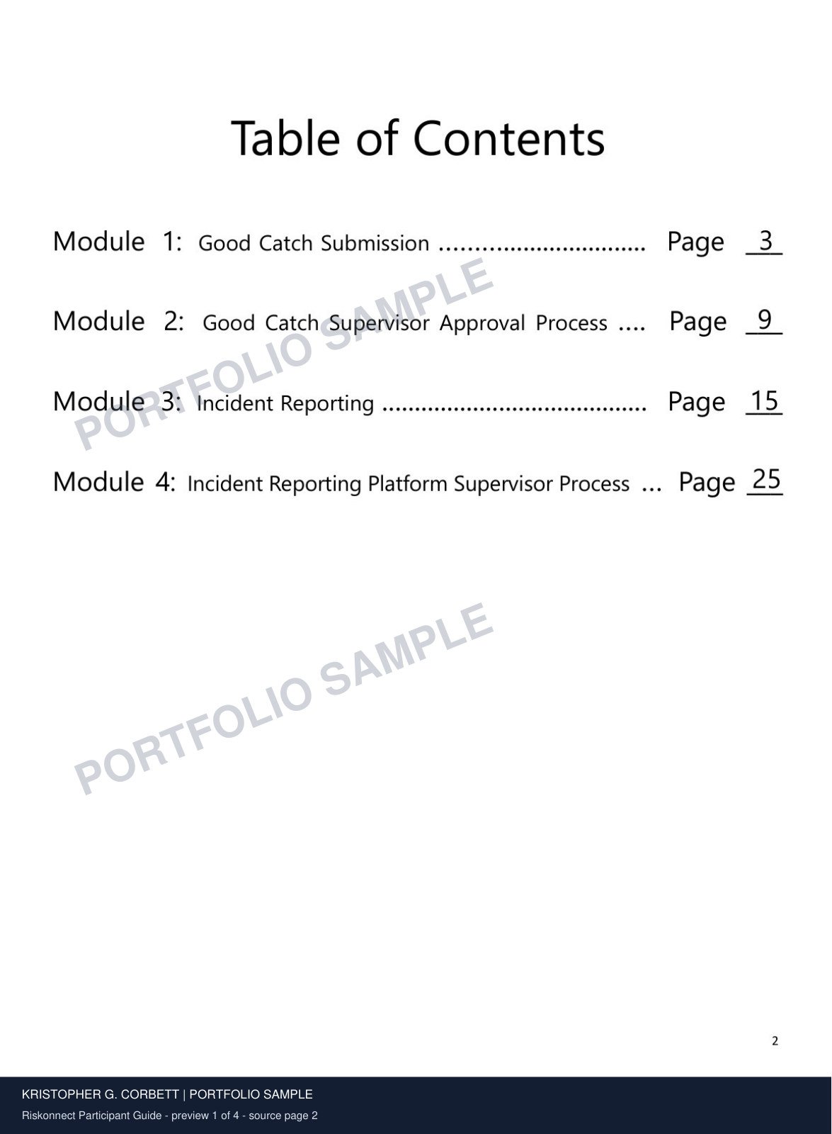 Riskonnect Training, sample 1 of 4. Four modules separate employee submissions from supervisor workflows.