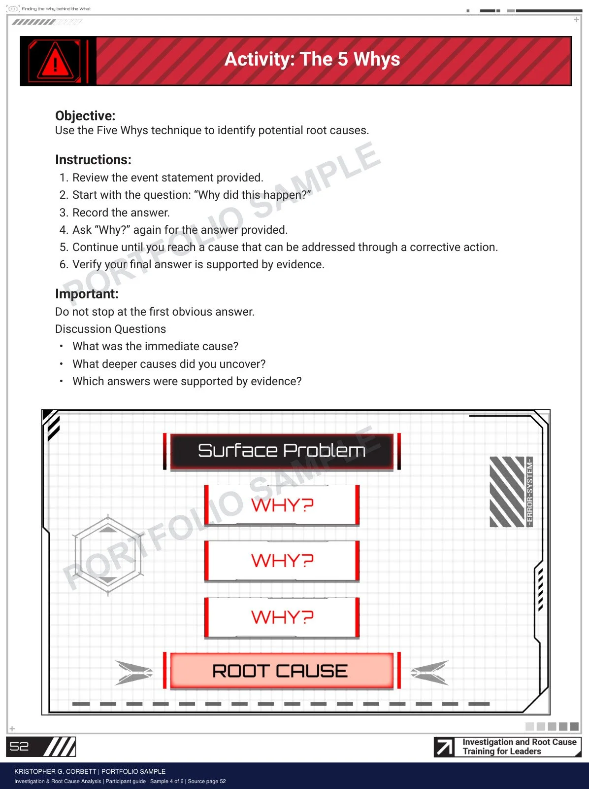 Investigation & Root Cause Analysis Participant Guide watermarked sample 4: Prompts connect root-cause analysis to an evidence-supported practice activity.