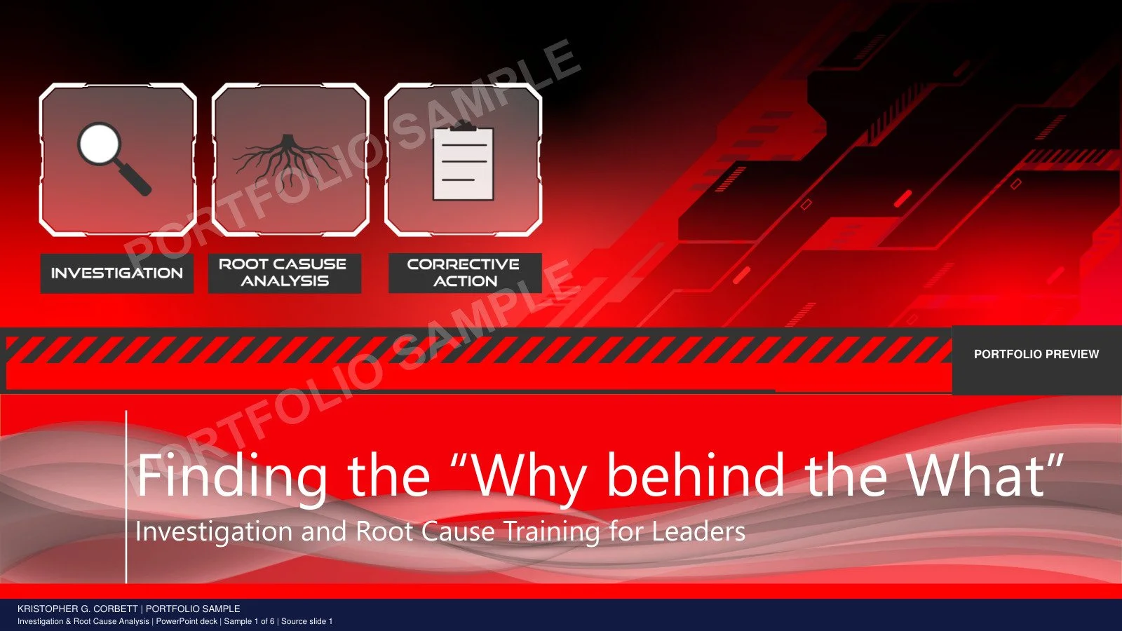 Investigation & Root Cause Analysis PowerPoint Deck watermarked sample 1: The opening slide introduces the course’s investigation, analysis, and corrective-action structure.