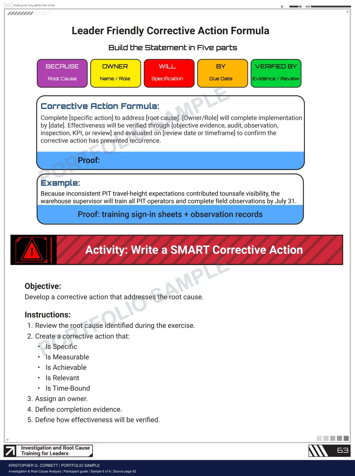 Investigation & Root Cause Analysis Participant Guide watermarked sample 6: A sentence framework and practice activity support clear, verifiable corrective actions.