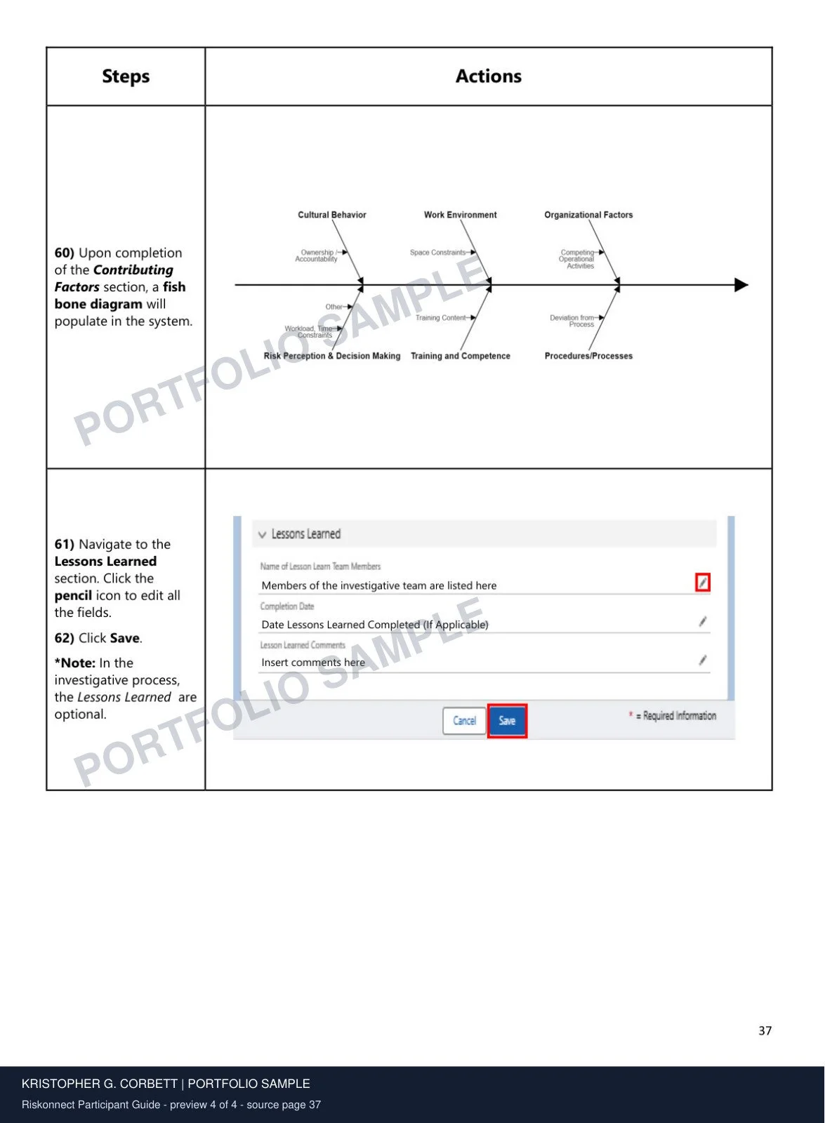 Riskonnect Training, sample 4 of 4. Visual process outputs and annotated fields connect system actions to follow-up learning.