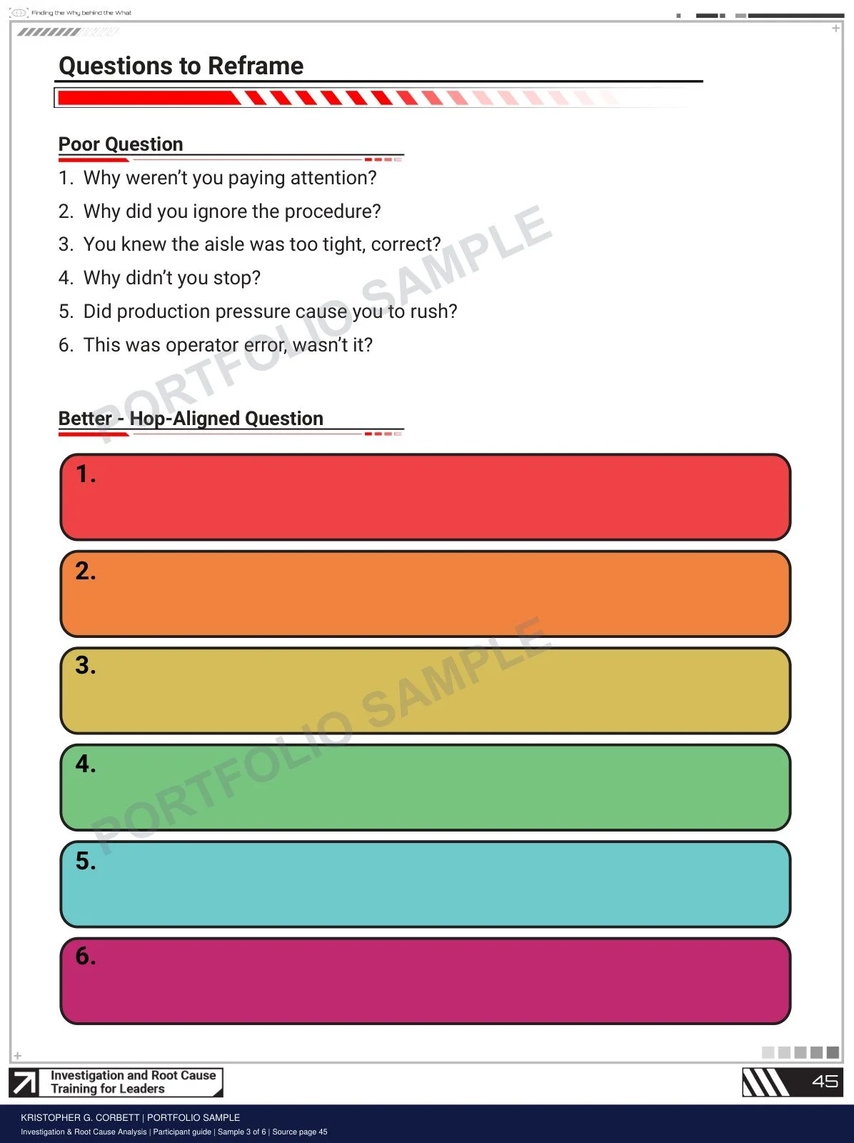 Investigation & Root Cause Analysis Participant Guide watermarked sample 3: A rewriting exercise helps leaders practice neutral, open questions.