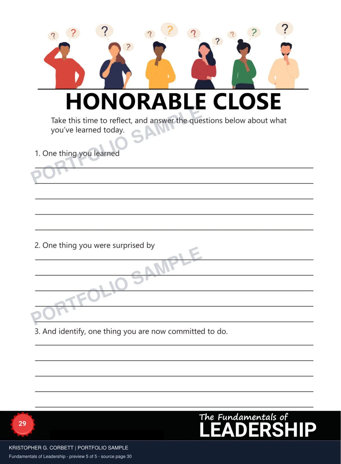 Fundamentals of Leadership, sample 5 of 5. A closing reflection asks learners to identify insights and commit to an action.