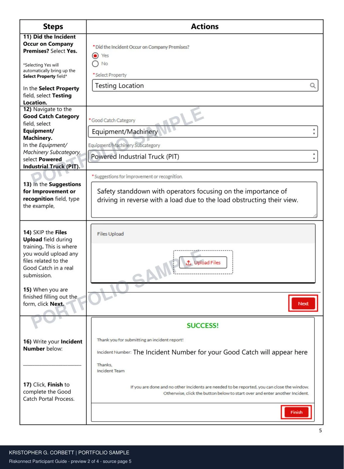 Riskonnect Training, sample 2 of 4. Paired steps and annotated screens guide learners through a practice task.