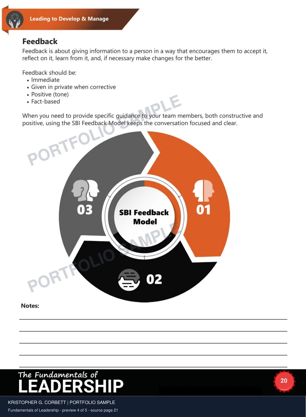 Fundamentals of Leadership, sample 4 of 5. The feedback model is paired with guided notes to support discussion and practice.