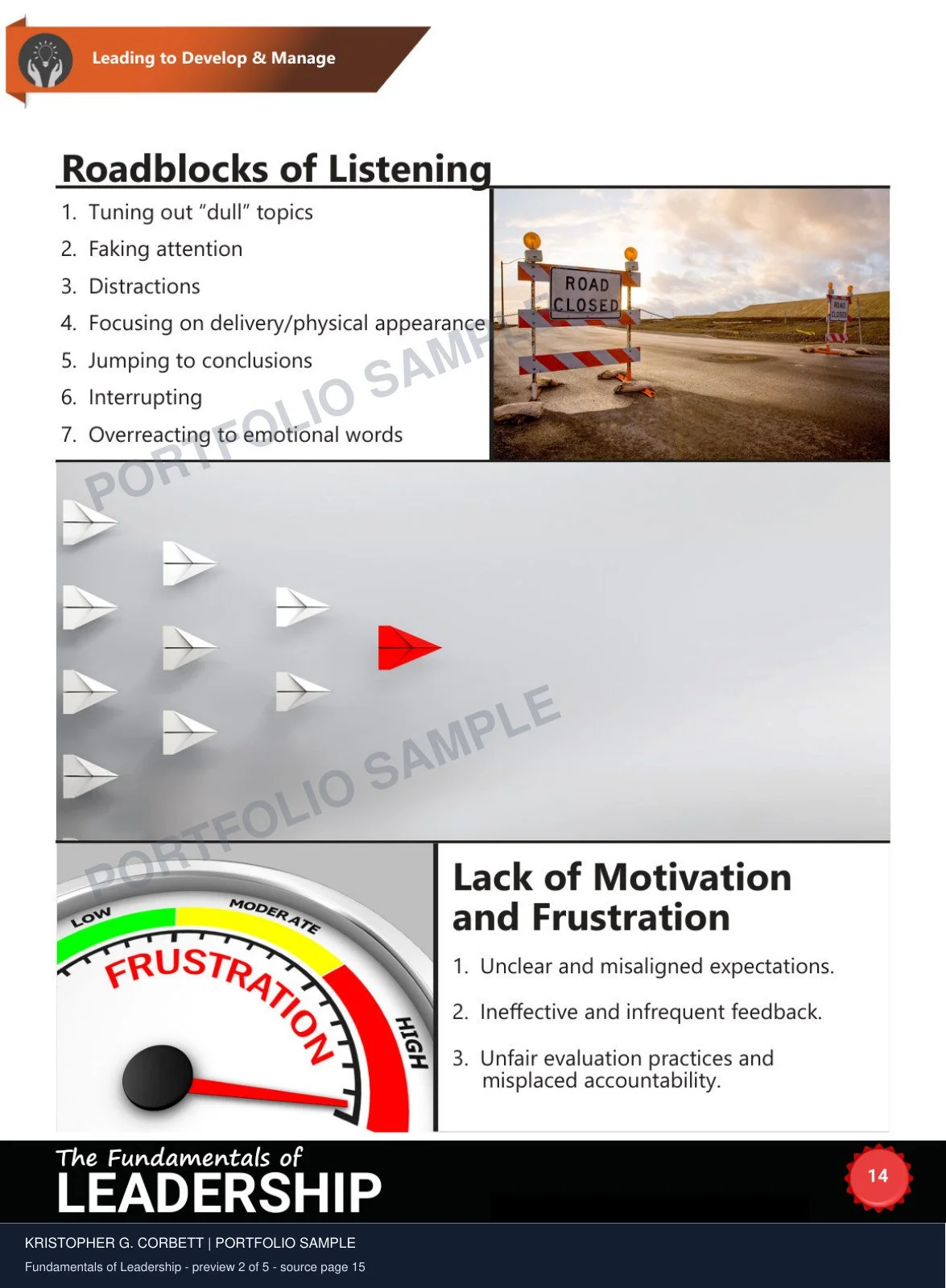 Fundamentals of Leadership, sample 2 of 5. Visual metaphors make listening barriers and their effects easier to discuss.