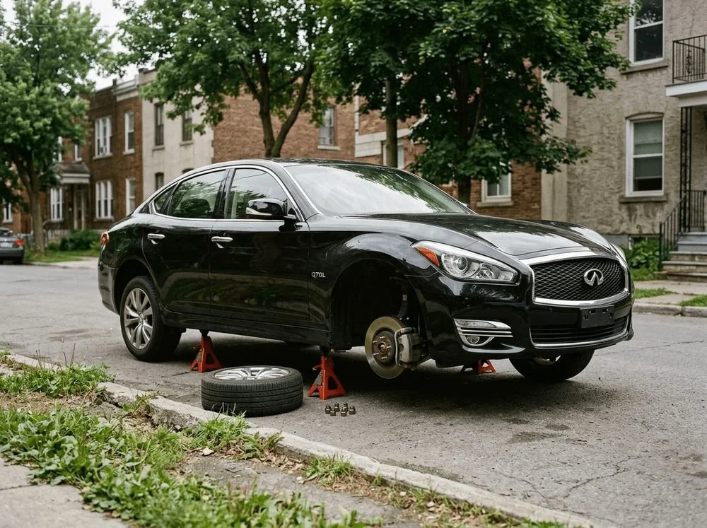 Black Infiniti with a front wheel removed, supported by jack stands on a residential street.
