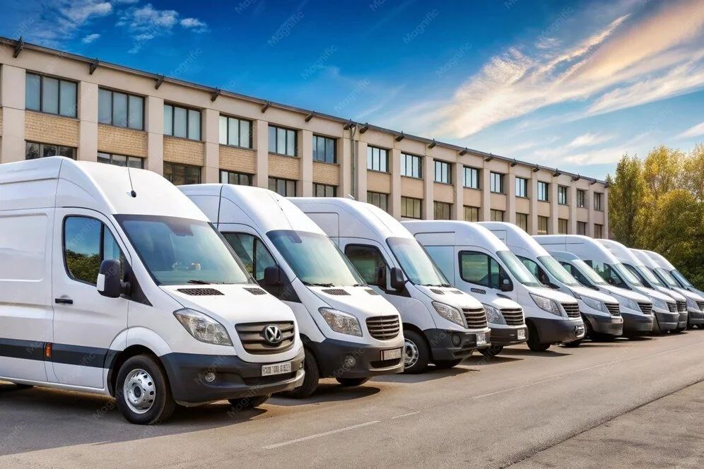 Fleet of utility vans lined up side by side.