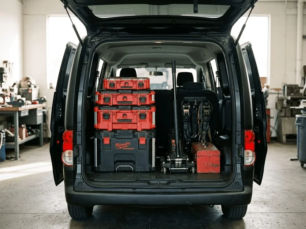 Open rear of the MCNX service van stocked with toolboxes, a floor jack and equipment.