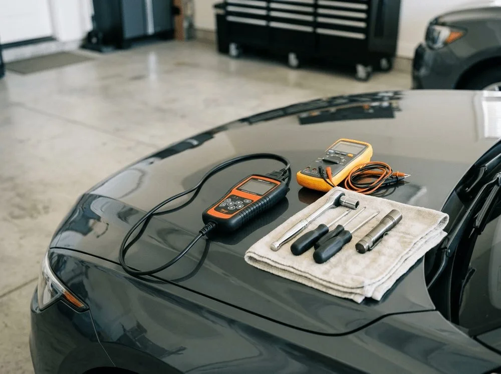 Auto repair diagnostic tools, including a multimeter, scan tool, screwdrivers and a ratchet, on a towel on the hood of a car.