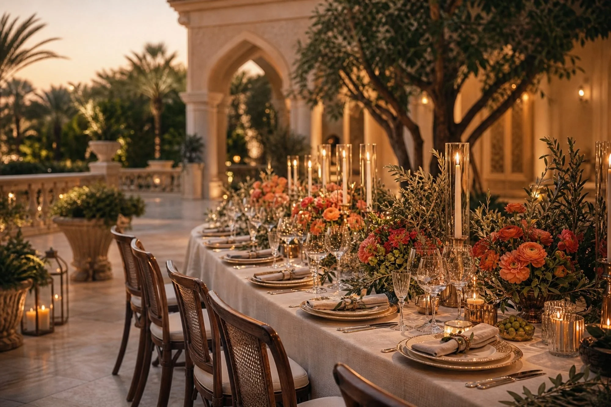Candlelit dinner table styled with coral florals and olive branches at dusk.