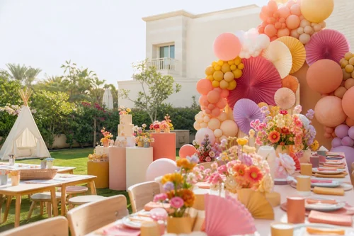 Sunlit garden birthday with a pastel balloon arch, paper fans and flower-filled tables.