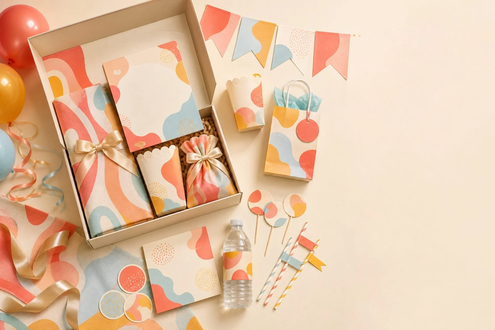 Flat lay of a Miss Party Party Kit with coordinated invitation, signage, goodie bags and themed details.