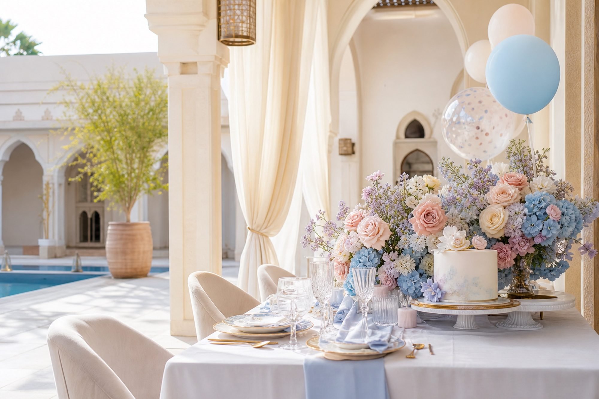 Poolside celebration table with blush and powder-blue florals and a hand-painted cake.