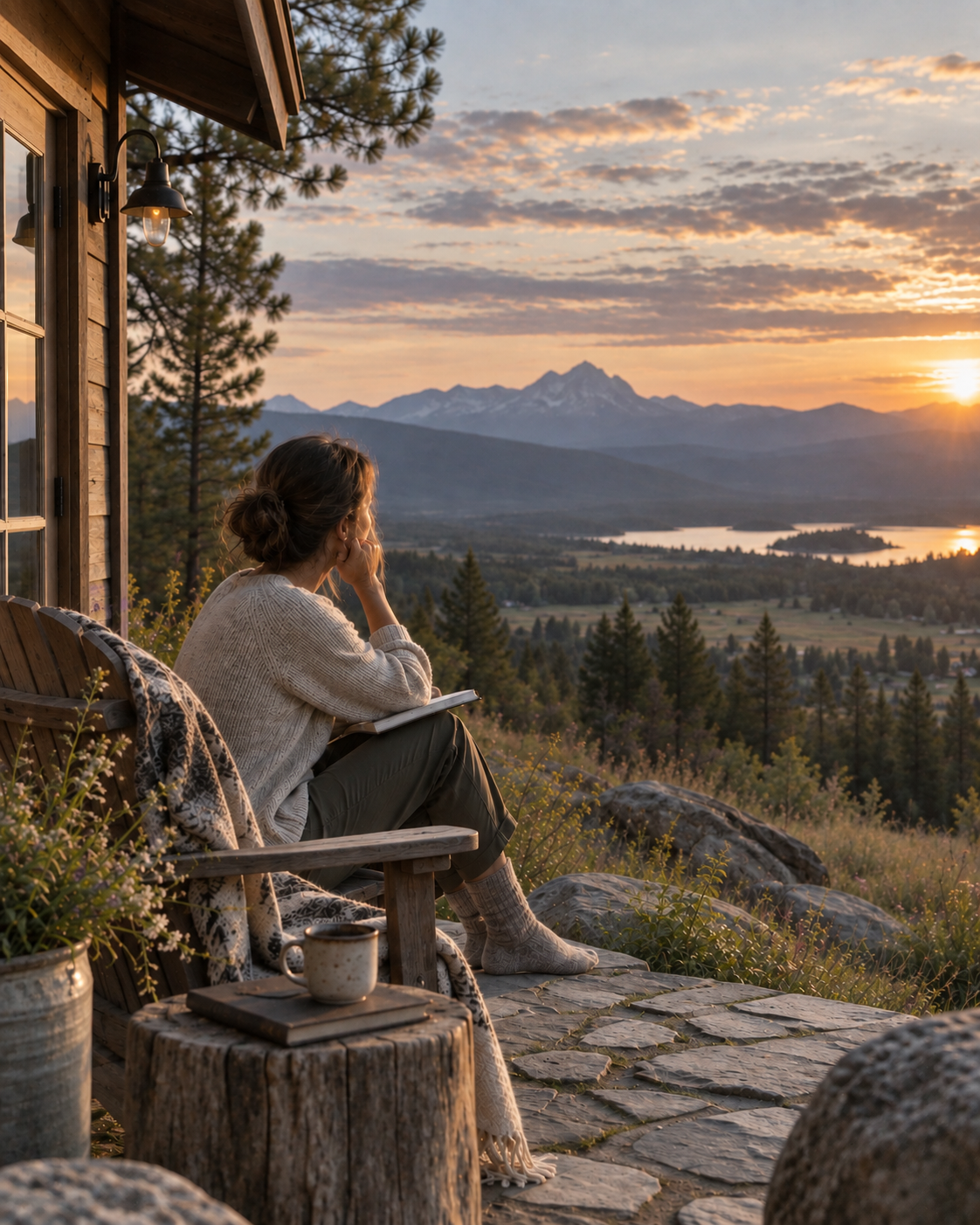 A woman on a personal creative retreat sitting beside a cabin and looking out over the surrounding natural landscape.