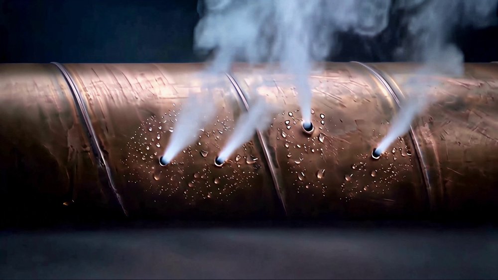 le tuyau percé, la fuite s'échappe en vapeur