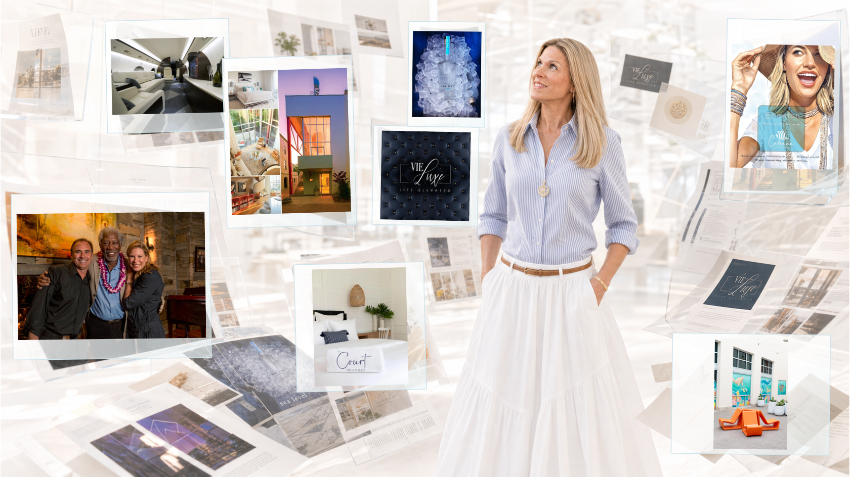 Keri Atchley surrounded by floating frames of her original creative work