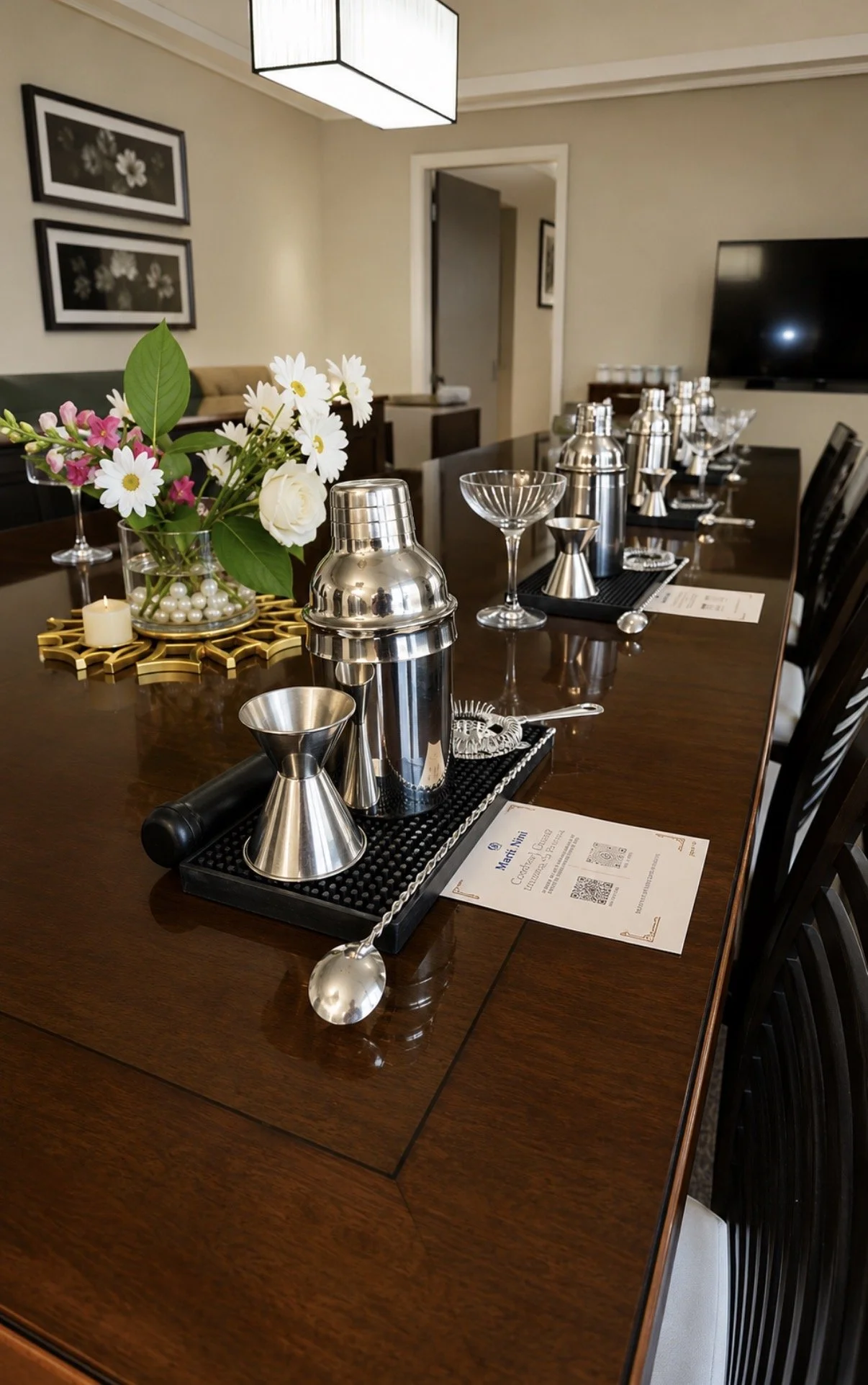 Cocktail class stations set with shakers, glassware, tools, and fresh flowers along a dining table