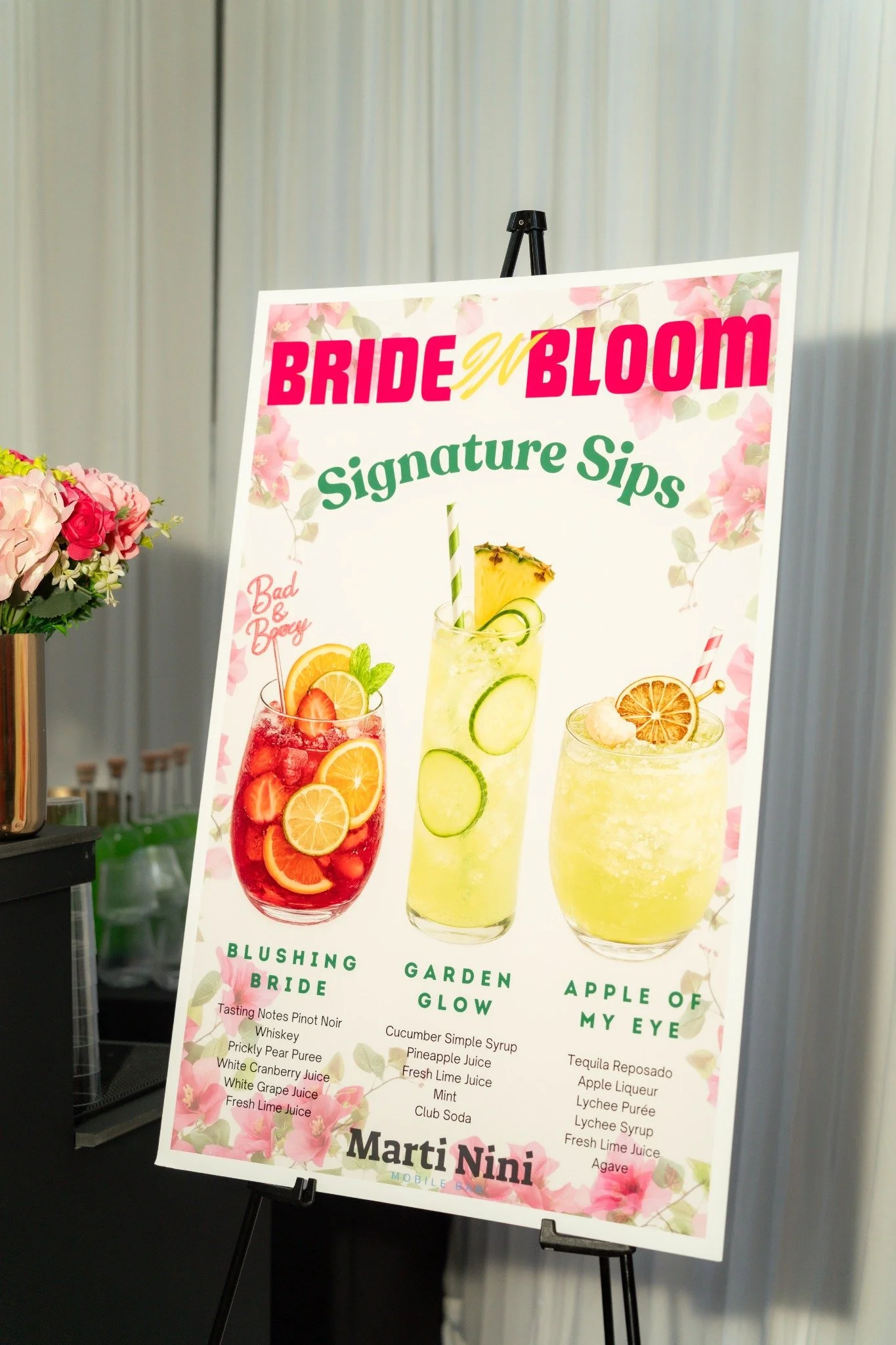 Bride in Bloom signature cocktail menu with floral details and three featured drinks