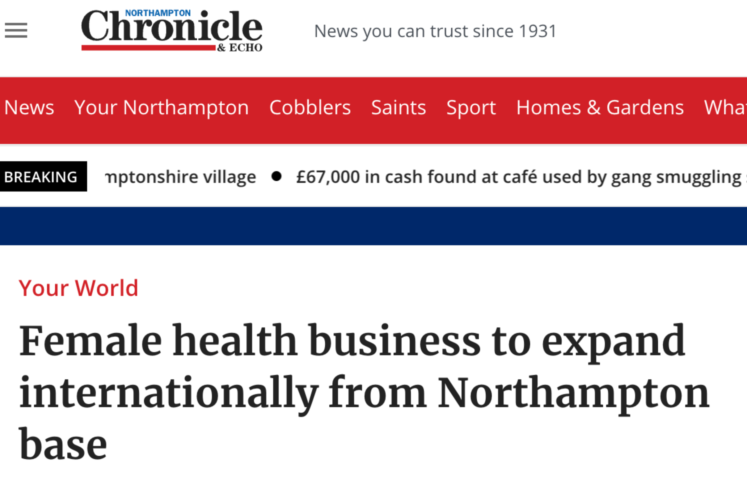 Northampton Chronicle & Echo headline: Female health business to expand internationally