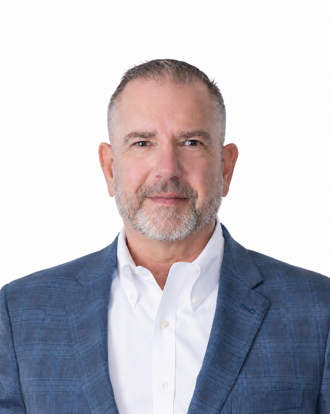 Professional portrait of Ben Wolcott wearing a blue checked suit and white shirt with a neatly groomed grey beard