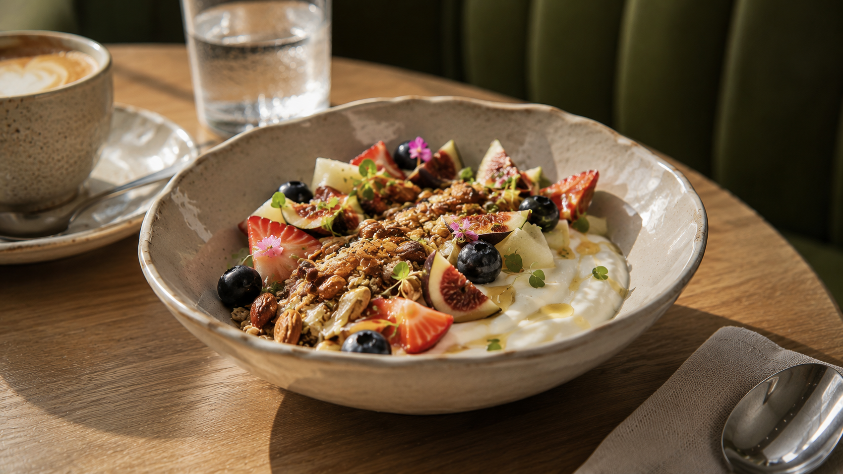 Muesli with Greek yoghurt, seasonal fruits, nuts and honey