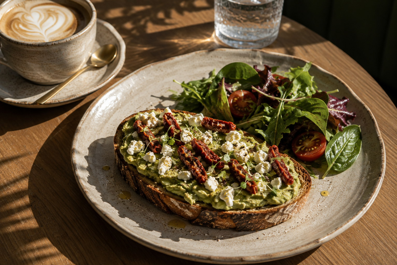 Avocado toast with feta cheese, sundried tomatoes and mixed salad