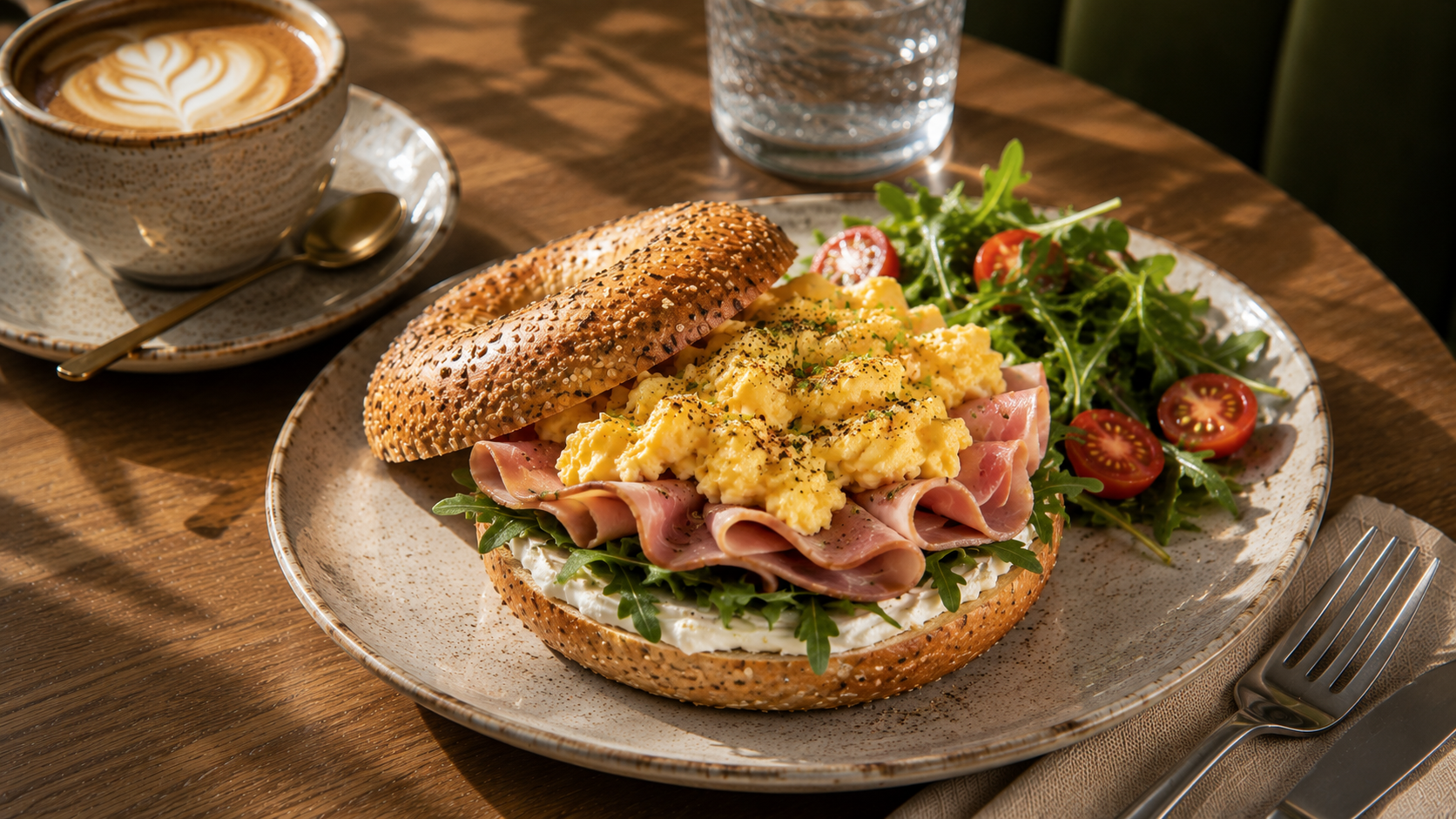 Ham bagel with rocket, cream cheese and scrambled eggs