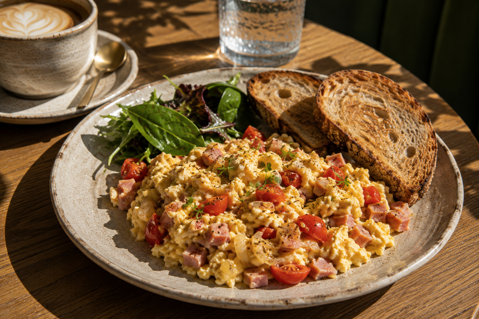 Scrambled eggs with ham, onions and tomatoes