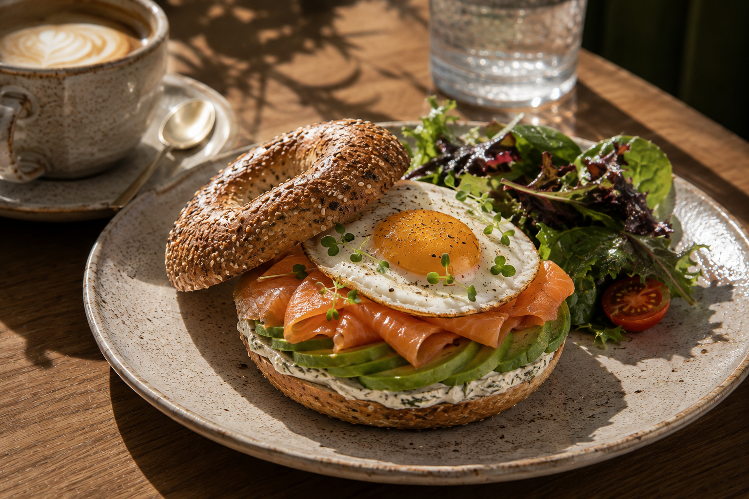 Salmon bagel with herbed cream cheese, avocado and fried eggs