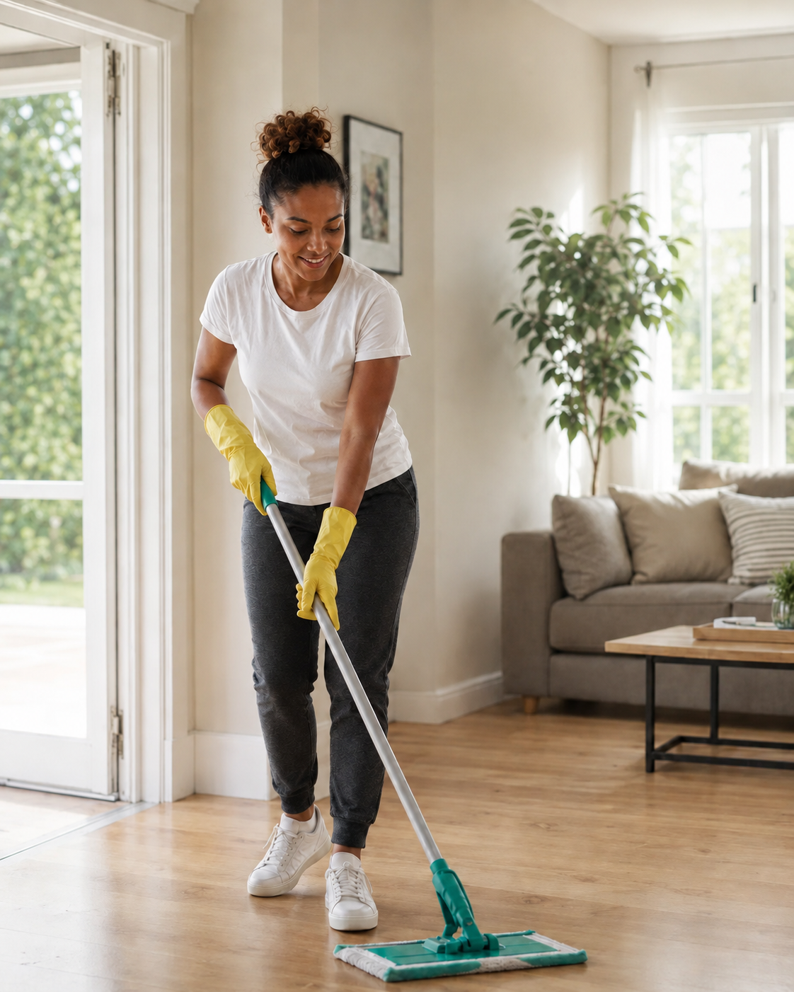Professional cleaner caring for a bright Greater Boston home