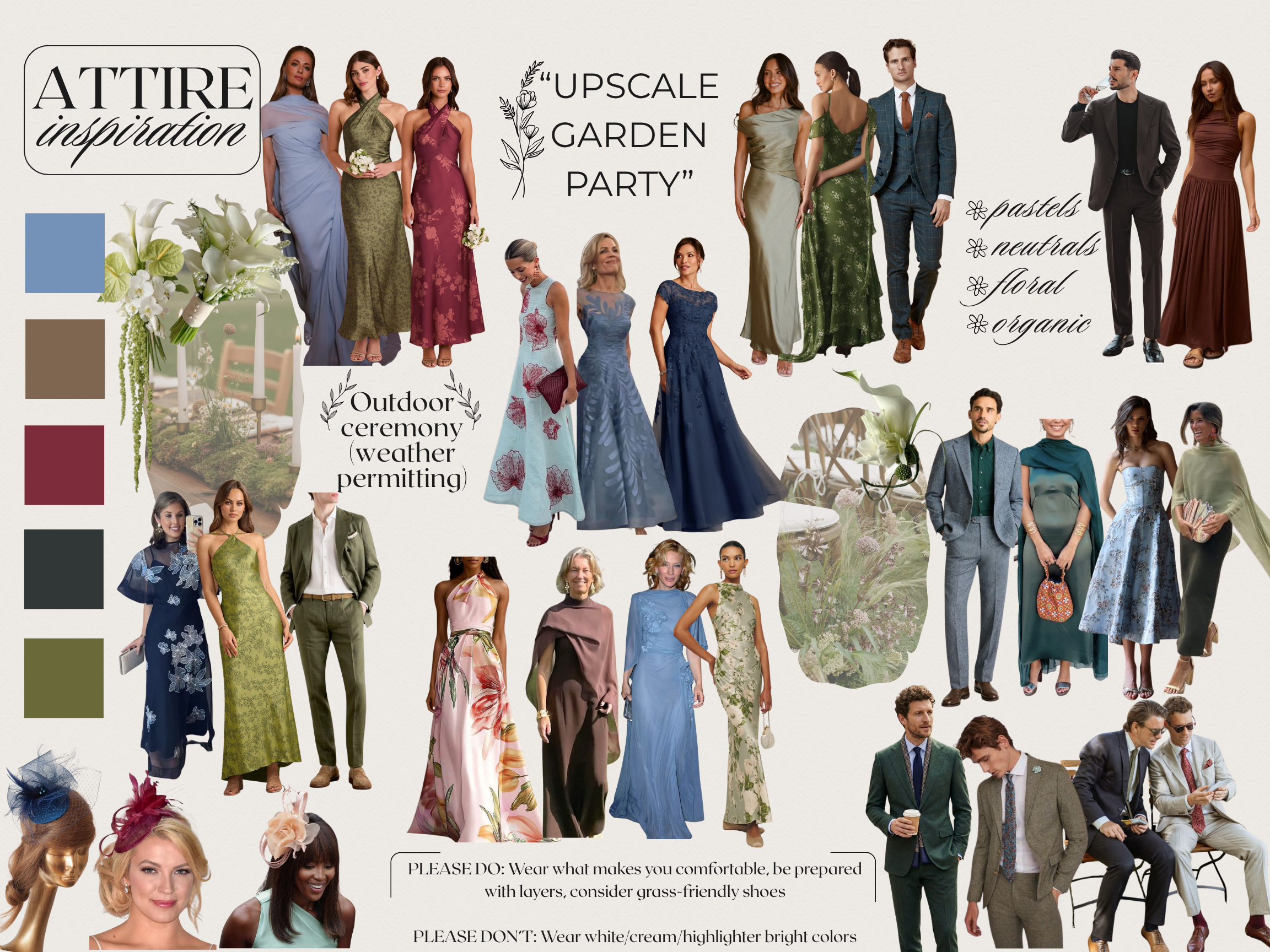 Wedding attire inspiration featuring elegant garden party looks