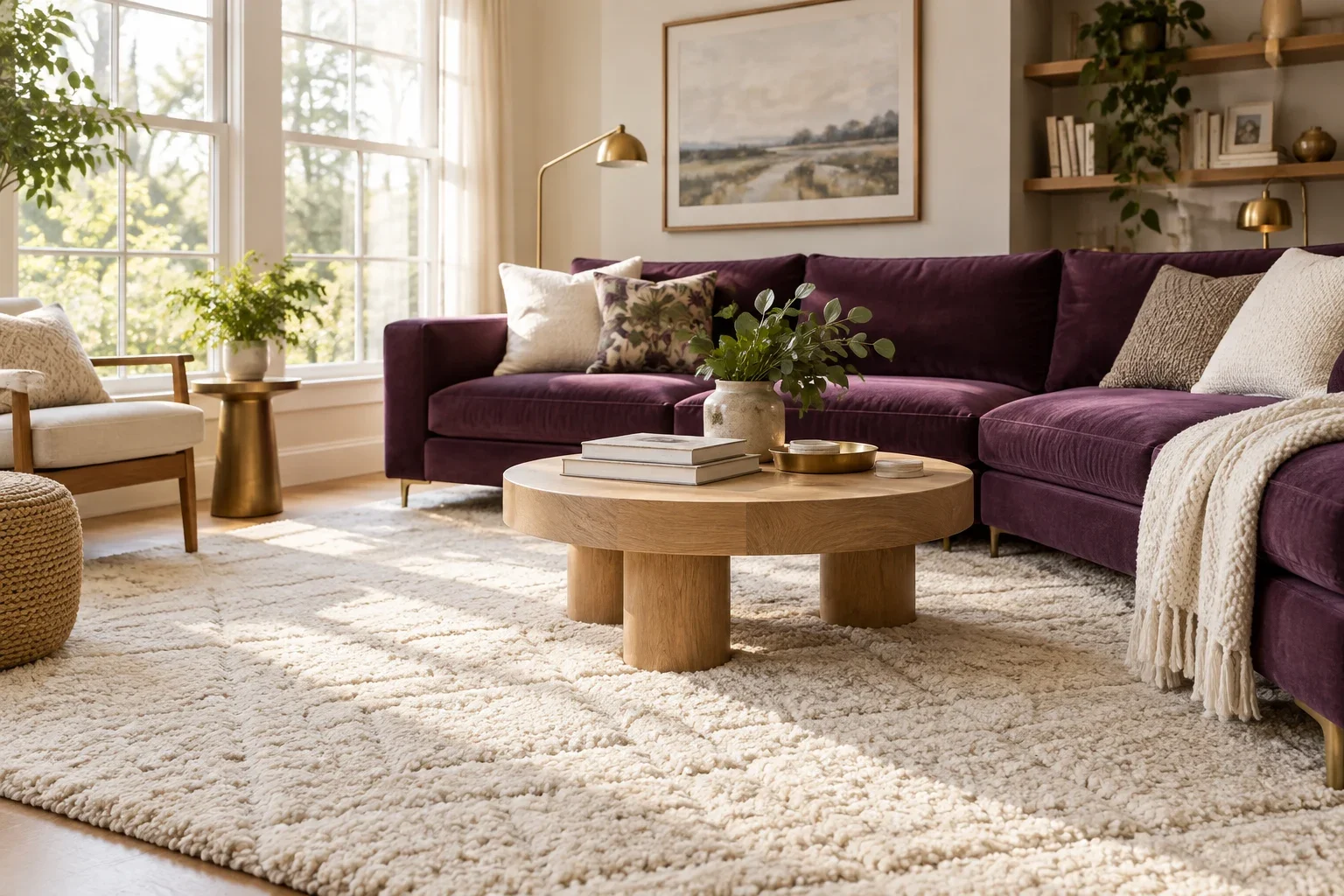 Sunlit living room with a plum sofa and a soft ivory rug