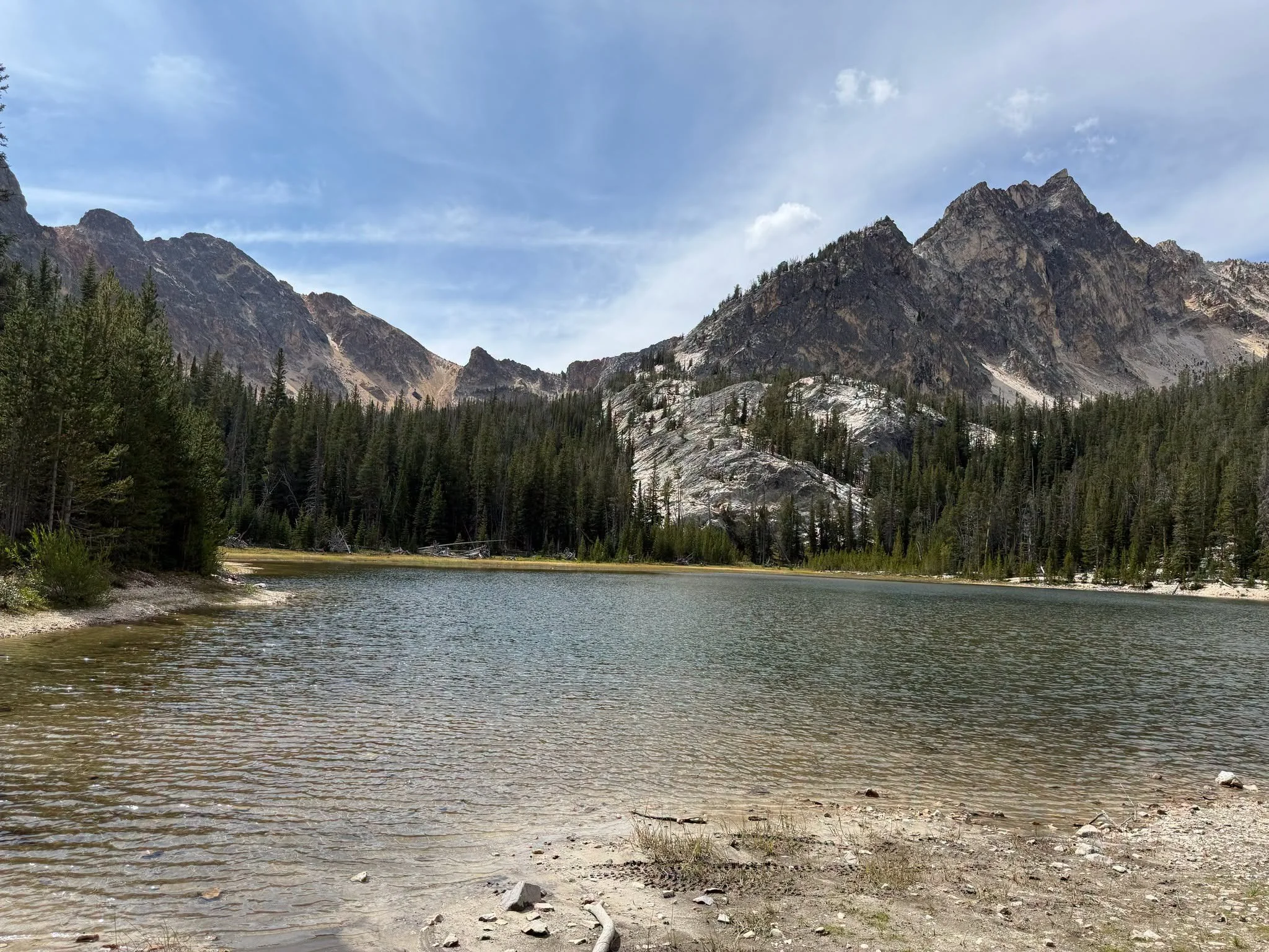 A mountain lake bordered by evergreen trees beneath steep, jagged peaks.