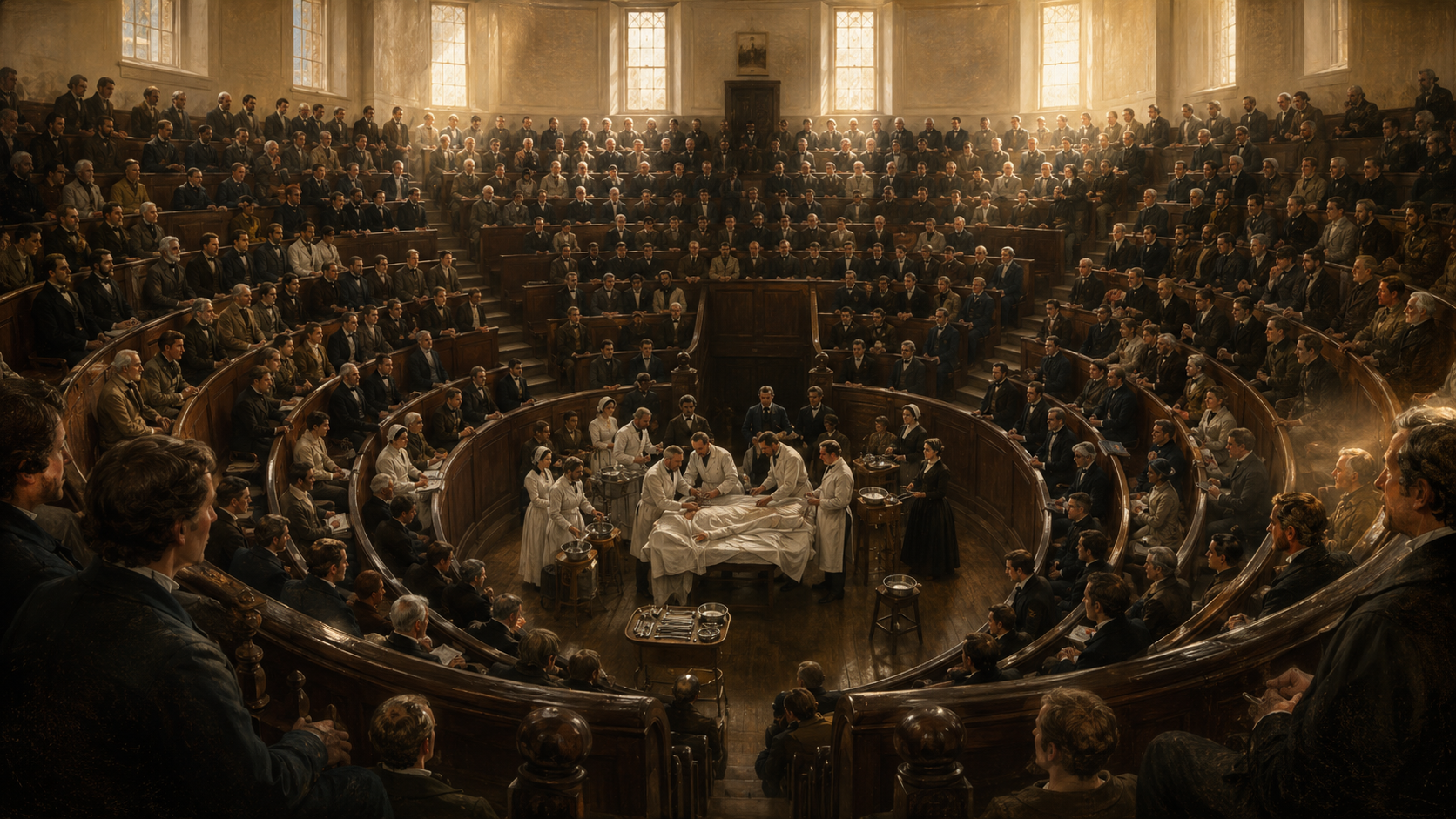 A vast, fully occupied surgical amphitheater viewed from the upper gallery, with an operation taking place in the illuminated center