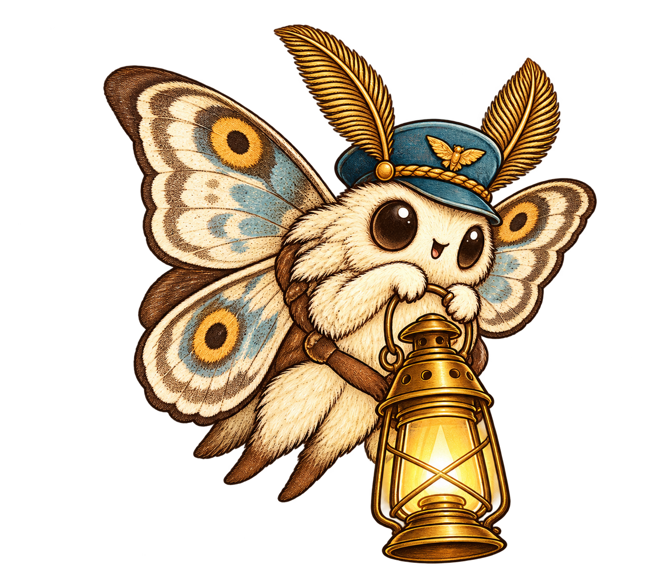 A small moth in a teal cap carrying a glowing lantern.