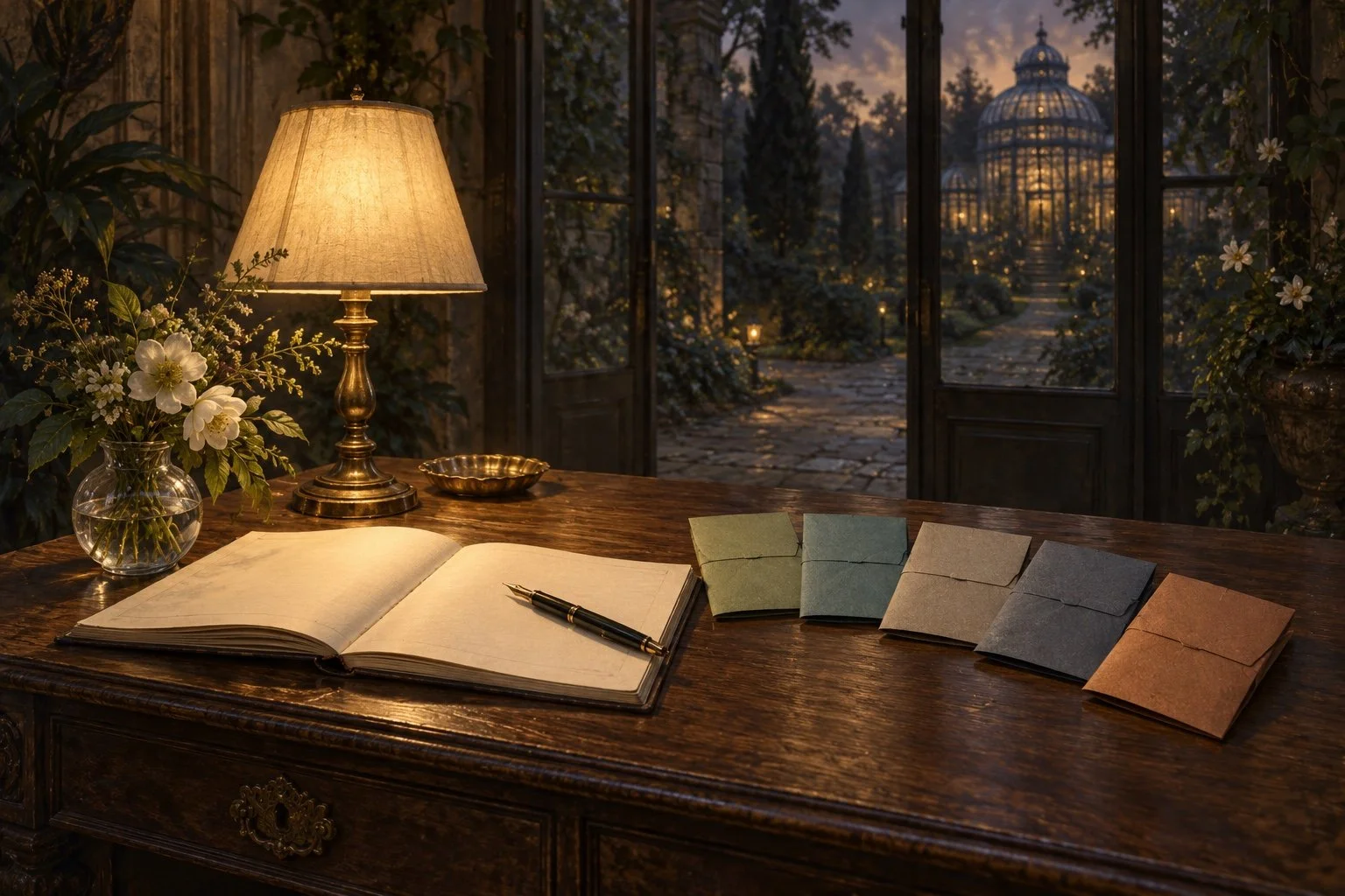 A lamplit walnut welcome table with an open guest book, a pen, garden flowers, and five folded invitation packets; beyond the window, a conservatory glows at dusk.