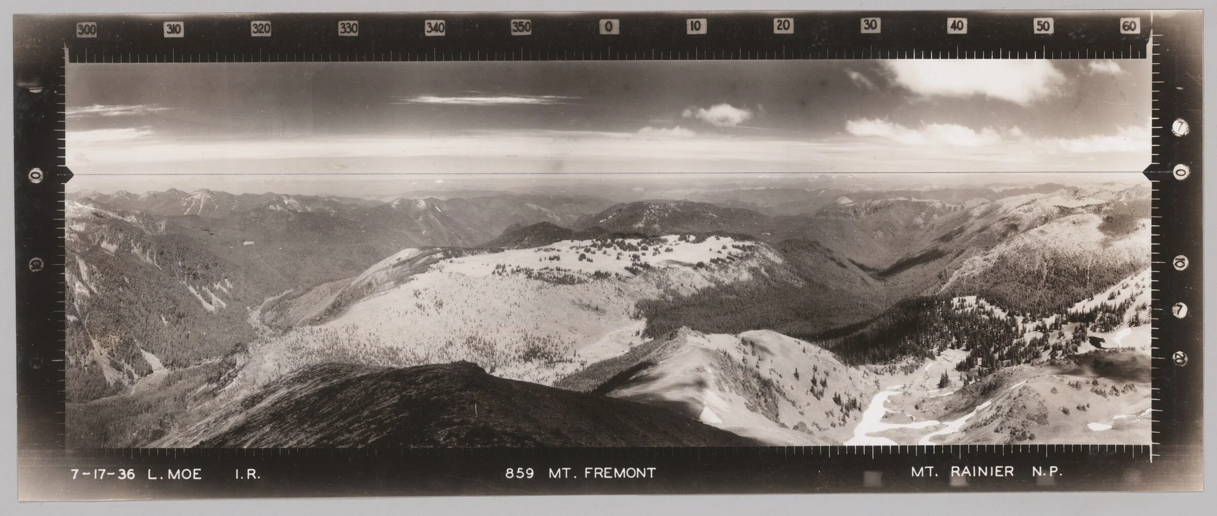 Infrared panoramic photograph numbered 859 from Mount Fremont, dated July 17, 1936, showing the northern horizon beneath an azimuth scale running from 300 degrees through 0 to 60 degrees.