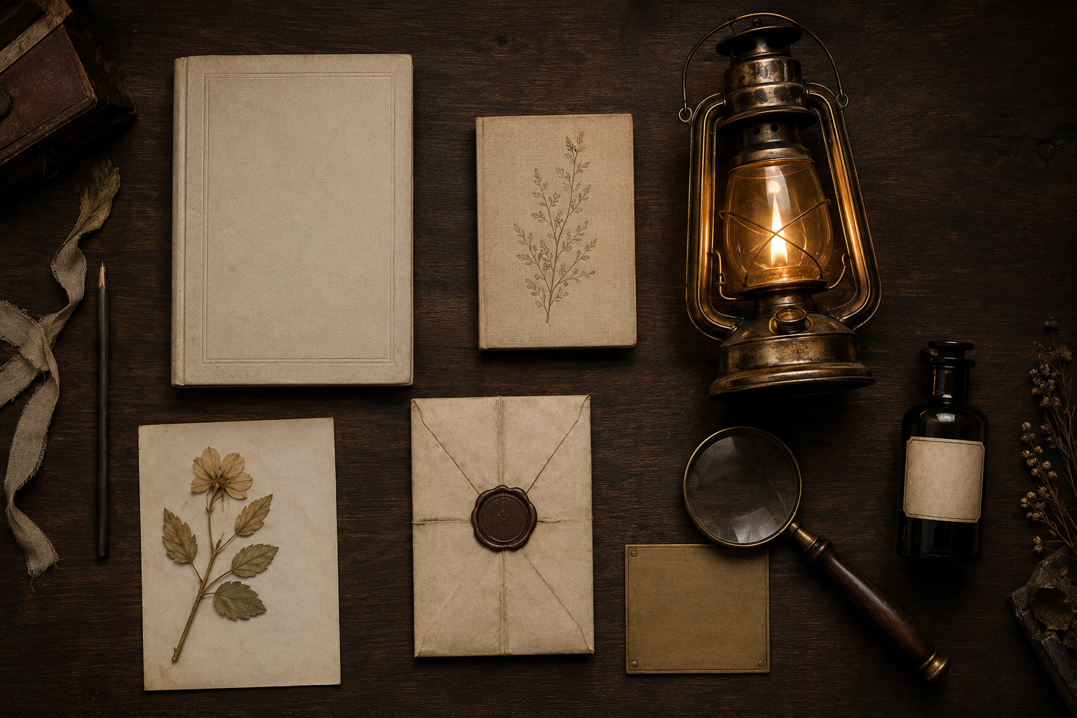 The Founder’s desk with the Charter, Founder’s Book, sealed correspondence, botanical material, an apothecary bottle, a magnifying glass, institutional papers, and a lit lantern.