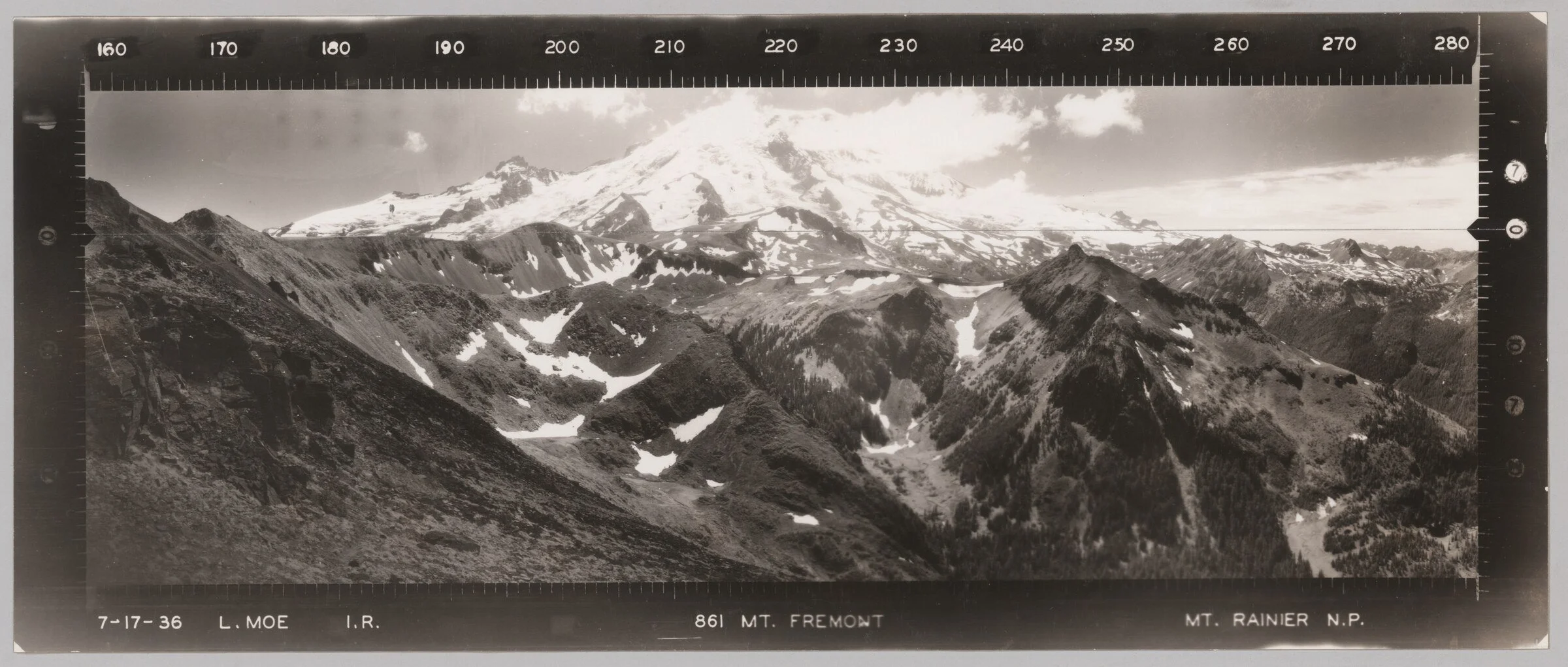 Standalone infrared panorama numbered 861 from Mount Fremont, dated July 17, 1936, centering Mount Rainier beneath an azimuth scale from 160 to 280 degrees.